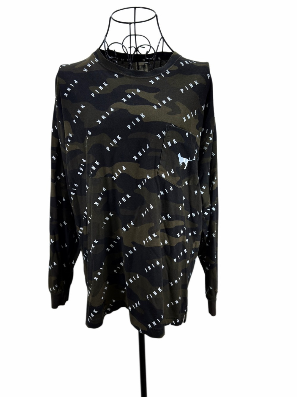 PINK Victoria's Secret Olive Green & Black Camo Logo Long Sleeve Shirt
